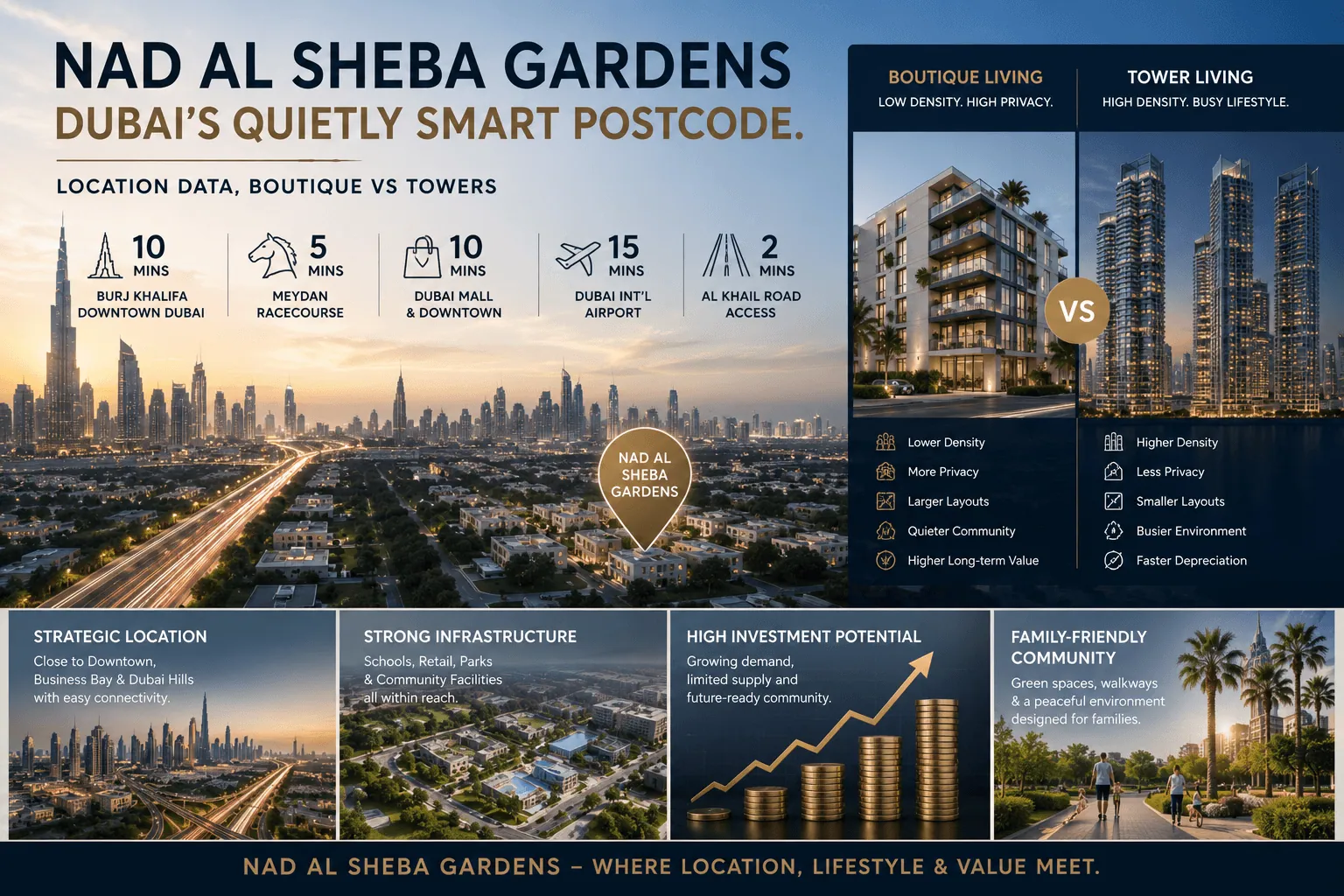 Nad Al Sheba Gardens — Dubai's Quietly Smart Postcode. Location Data, Boutique vs Towers